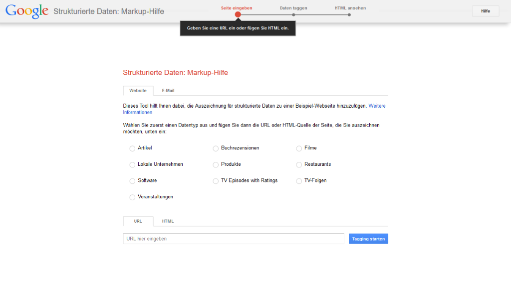 Strukturierte Daten: Markup-Hilfe - Seite eingeben
