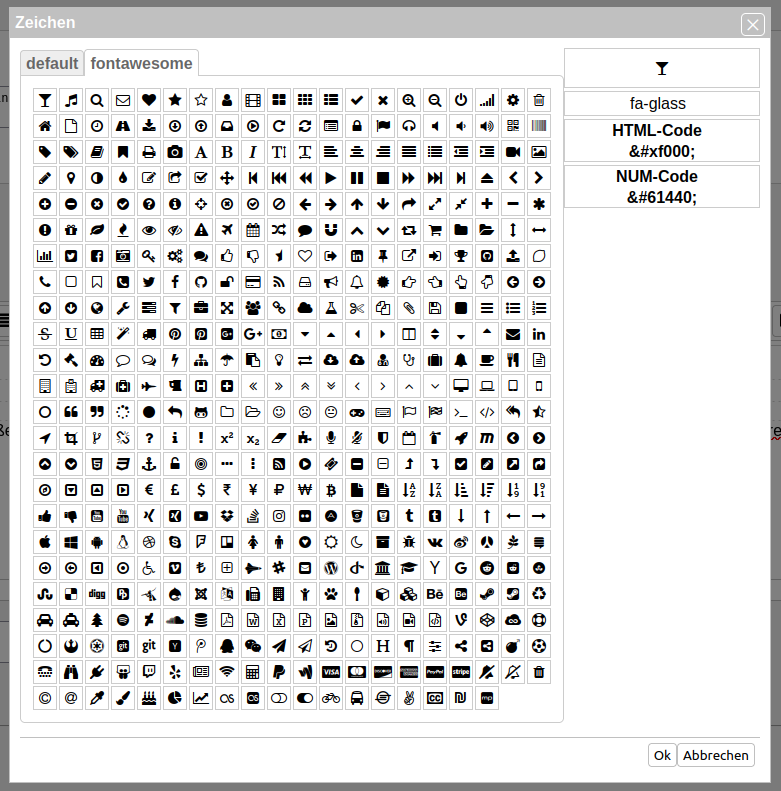 Sonderzeichen Dialog Font Awesome